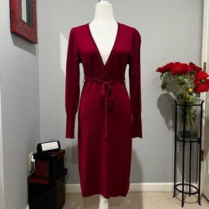 NEW BCBGMAXAZRIA Belted Tailored Plunge Midi Sweater Dress Crimson Red Small NWT